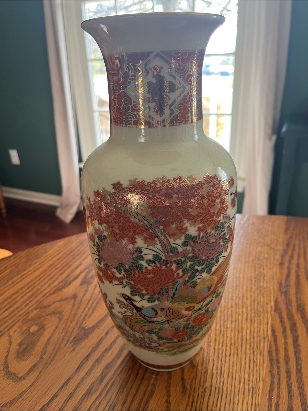 Japanese Satsuma Vase with Decorative Mums and Pheasants